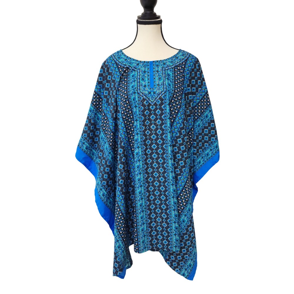 Good Times Blue Geometric Kaftan Top One Size Fits All Boho Tunic Cover Up